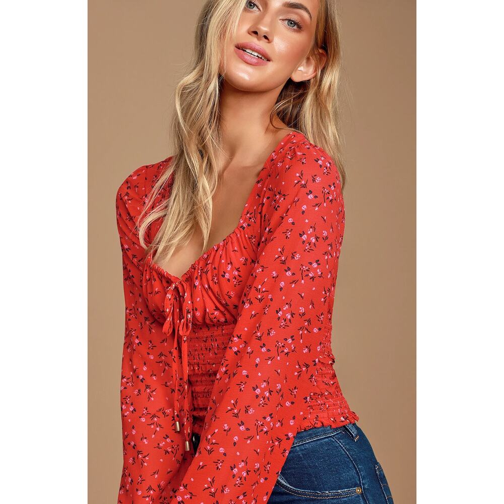 Free People Lolita Red Floral Ruffled Crop Top Womens S Boho Romantic